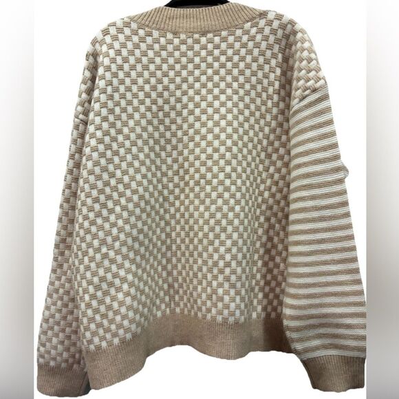 Butter Melon Checkered Knit Sweater Beige Cream V-Neck Oversized M - Picture 2 of 4